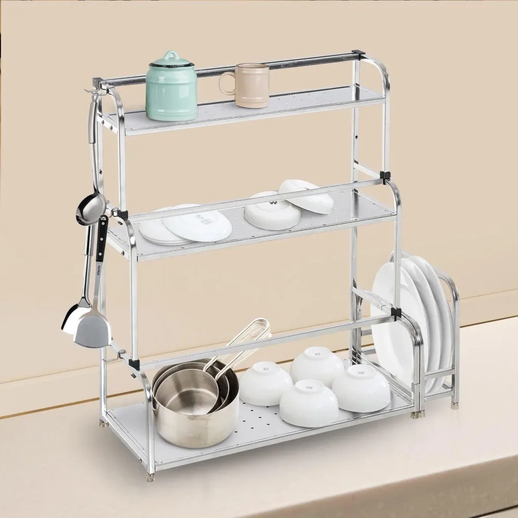 Küchenregal Standregal 3 Ablagen mit 6 Haken Multifunktions Edelstahl Silber L58 x B22 x H59cm