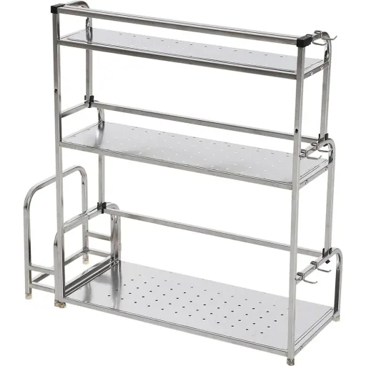 Küchenregal Standregal 3 Ablagen mit 6 Haken Multifunktions Edelstahl Silber L58 x B22 x H59cm