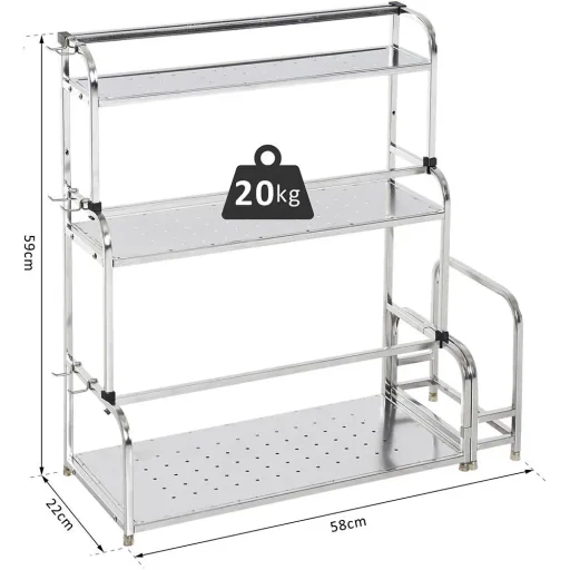 Küchenregal Standregal 3 Ablagen mit 6 Haken Multifunktions Edelstahl Silber L58 x B22 x H59cm