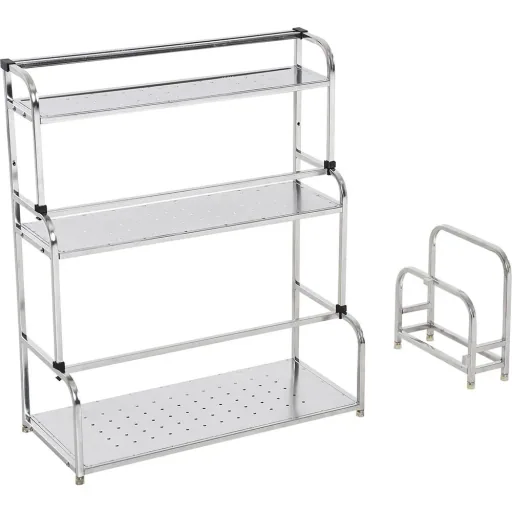 Küchenregal Standregal 3 Ablagen mit 6 Haken Multifunktions Edelstahl Silber L58 x B22 x H59cm