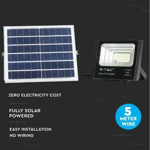 VT-40W Solar-Flutlicht mit Solarpanel - 1050 Lm - 6000K - Schwarz