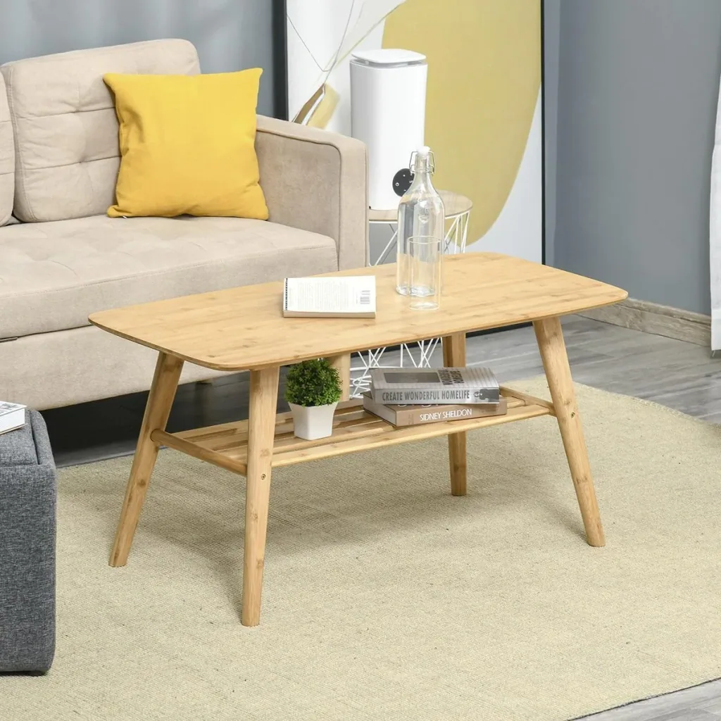 Couchtisch Beistelltisch Bambustisch Tisch Wohnzimmertisch Kaffeetisch mit Regal minimalistisch stabil Bambus Naturholz