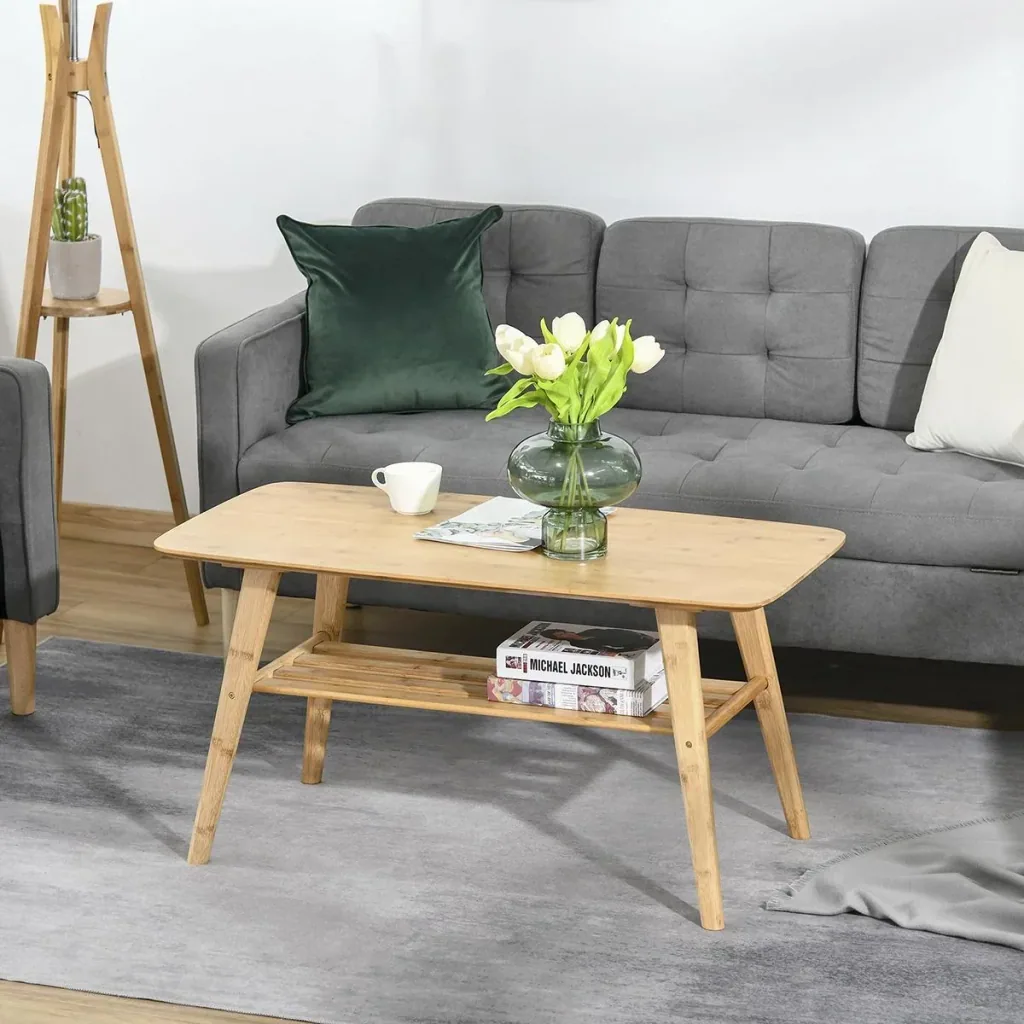 Couchtisch Beistelltisch Bambustisch Tisch Wohnzimmertisch Kaffeetisch mit Regal minimalistisch stabil Bambus Naturholz