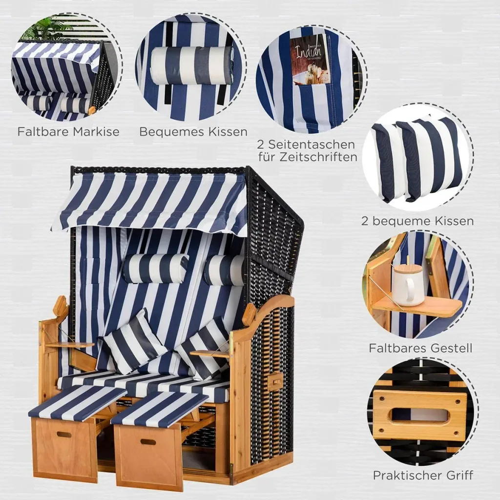 Strandkorb Doppelte Sonnenliege mit Dach Doppelliege mit Getränkehaltern Chaiselongue 5-stufige Rückenlehne PE-Rattan Bl
