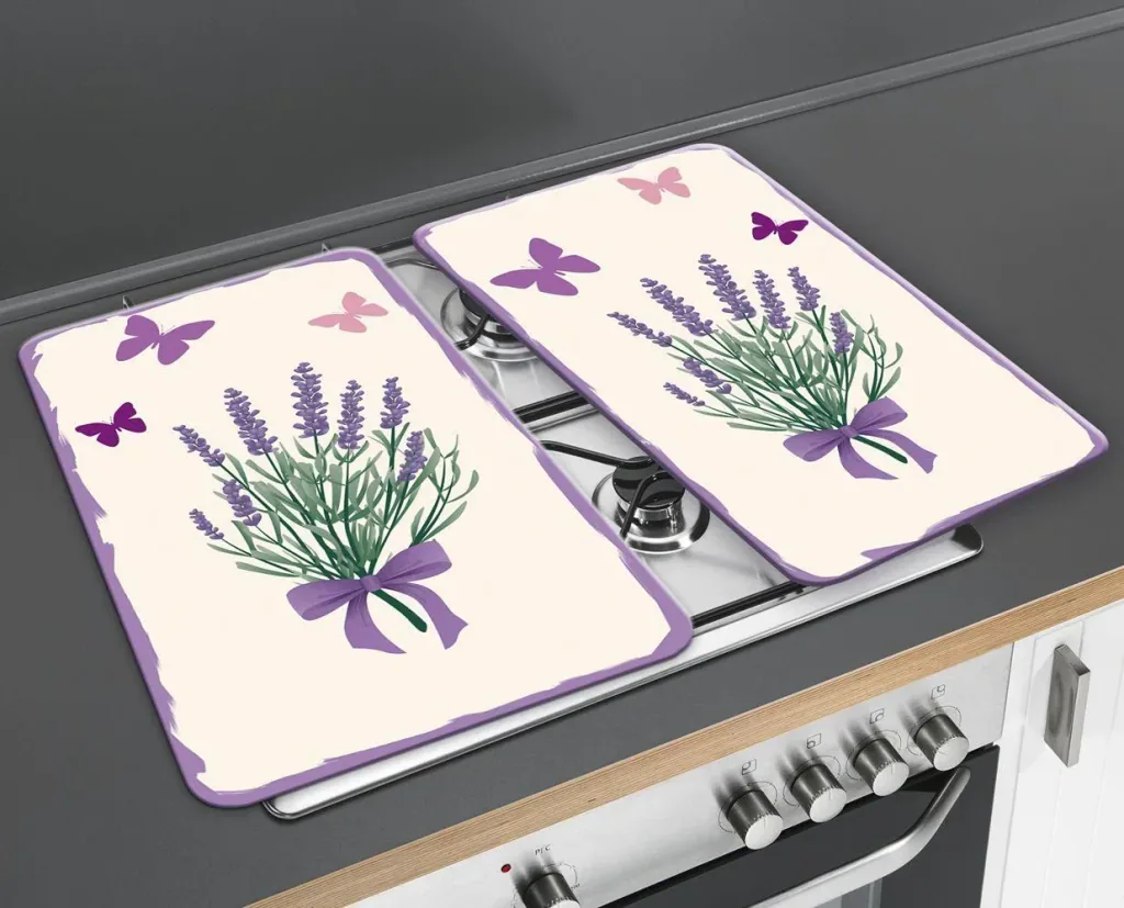 3 in 1 Herd-Abdeckplatten, Schneidbretter, Arbeitsplatten, Glas, Lavendel Bouquet-Design, je 52 x 30 cm, 2er-Set