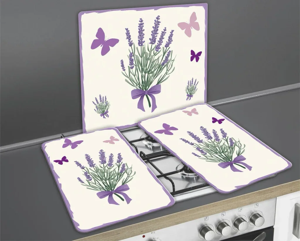 3 in 1 Herd-Abdeckplatten, Schneidbretter, Arbeitsplatten, Glas, Lavendel Bouquet-Design, je 52 x 30 cm, 2er-Set