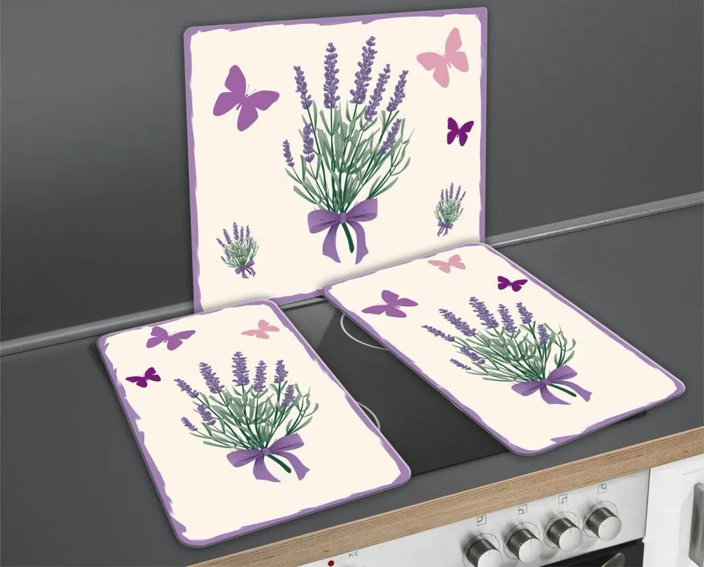 3 in 1 Herd-Abdeckplatten, Schneidbretter, Arbeitsplatten, Glas, Lavendel Bouquet-Design, je 52 x 30 cm, 2er-Set