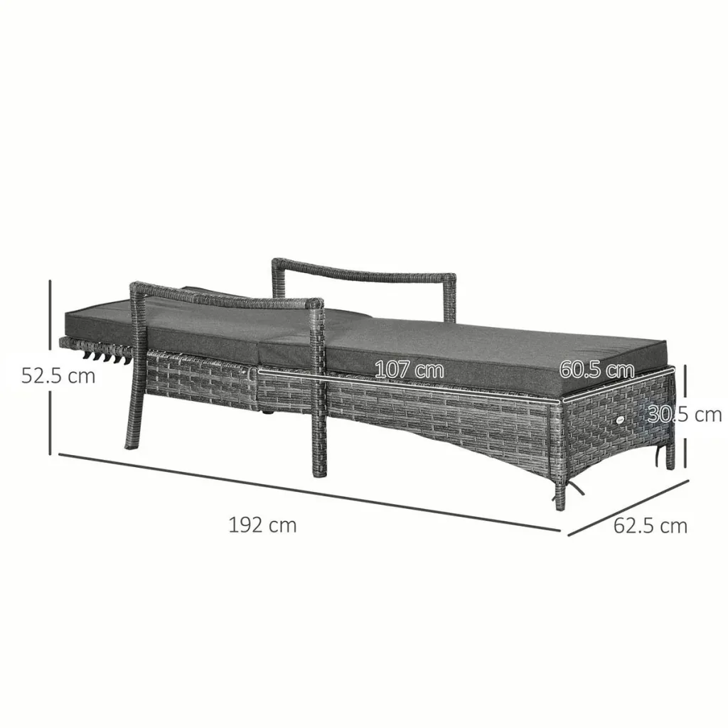 Sonnenliege Polyrattan Gartenliege Rattanliege Gartenmöbel Liege mit Polsterauflage 4 Stufen verstellbar Grau 192 x 62,5