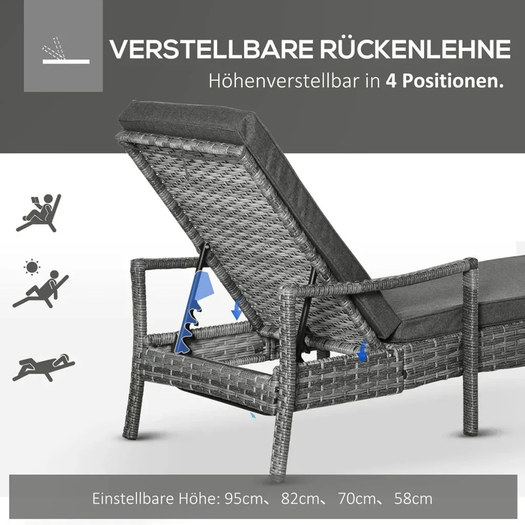 Sonnenliege Polyrattan Gartenliege Rattanliege Gartenmöbel Liege mit Polsterauflage 4 Stufen verstellbar Grau 192 x 62,5