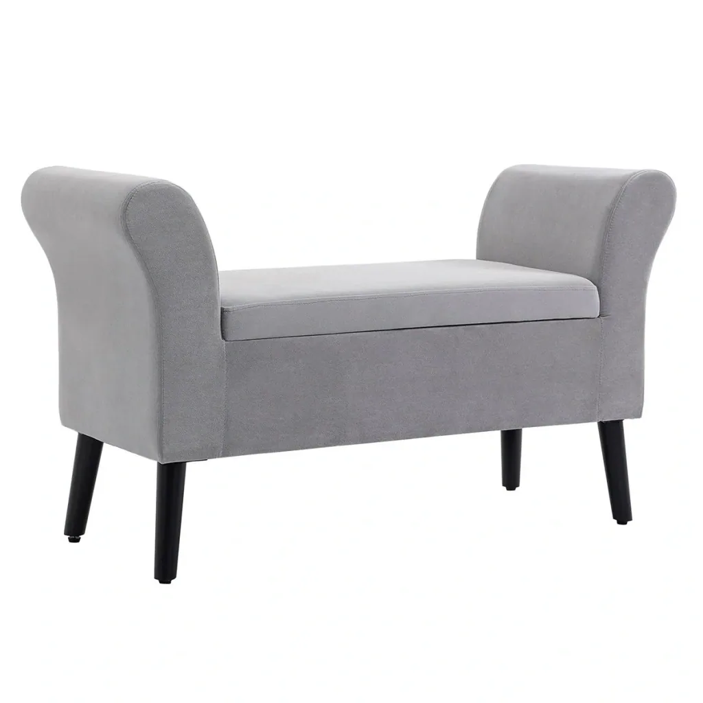 Sitzbank Polsterbank mit Stauraum Polyester Gummiholz Hellgrau 111,5 x 41 x 65 cm