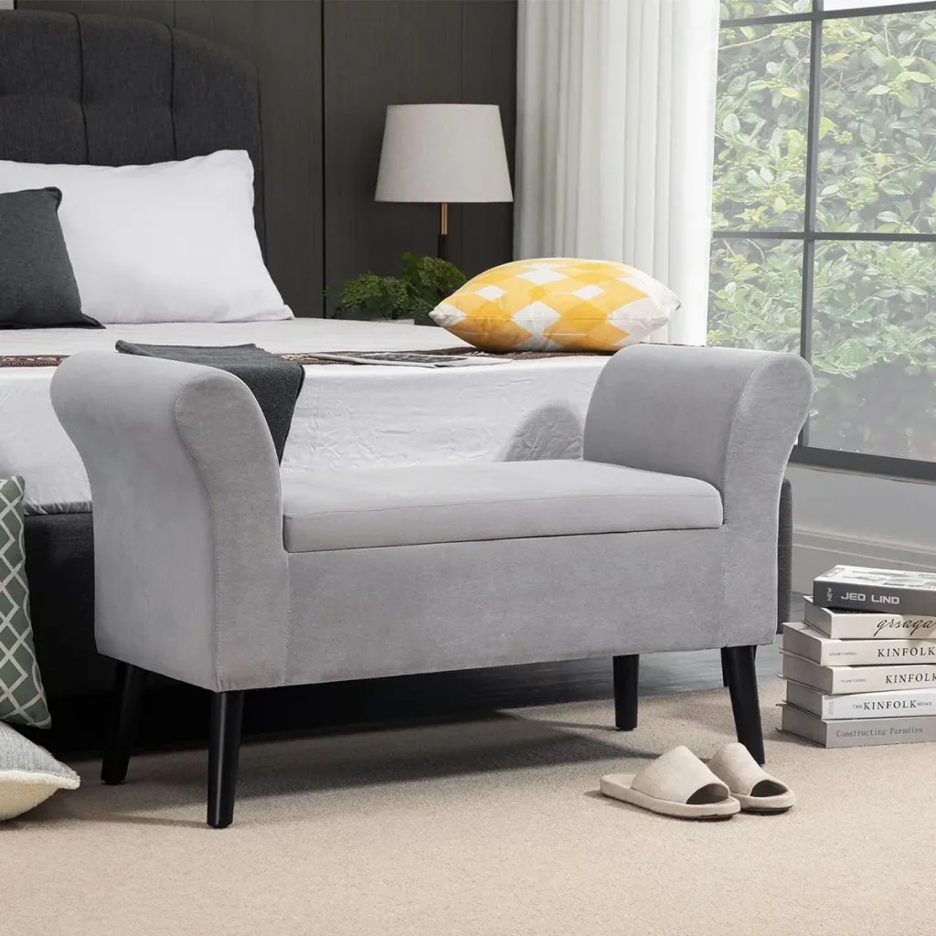 Sitzbank Polsterbank mit Stauraum Polyester Gummiholz Hellgrau 111,5 x 41 x 65 cm