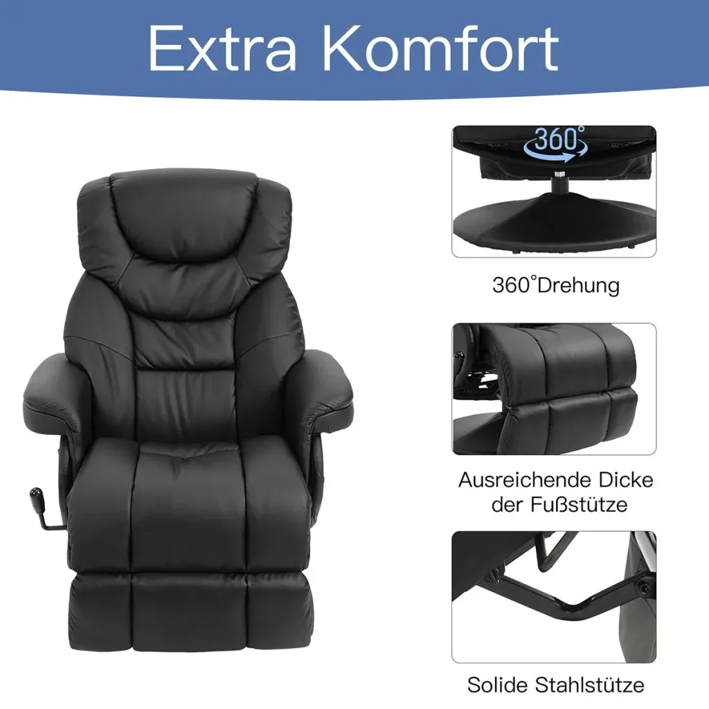 Relaxsessel, Fernsehsessel, Einzelsofa 135 °Neigung, Stahl+PU+Schaumstoff+Kunststoff, Schwarz, 79 x 81 x 107 cm