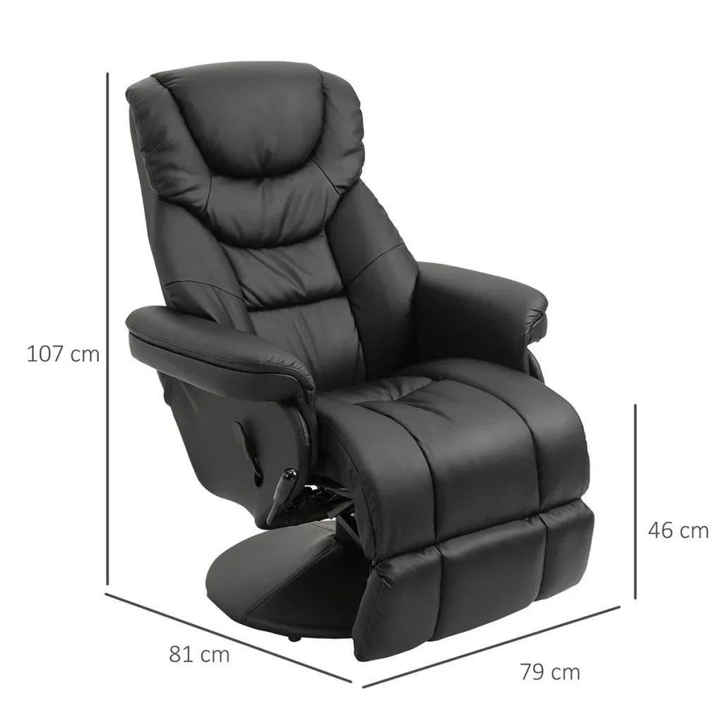 Relaxsessel, Fernsehsessel, Einzelsofa 135 °Neigung, Stahl+PU+Schaumstoff+Kunststoff, Schwarz, 79 x 81 x 107 cm