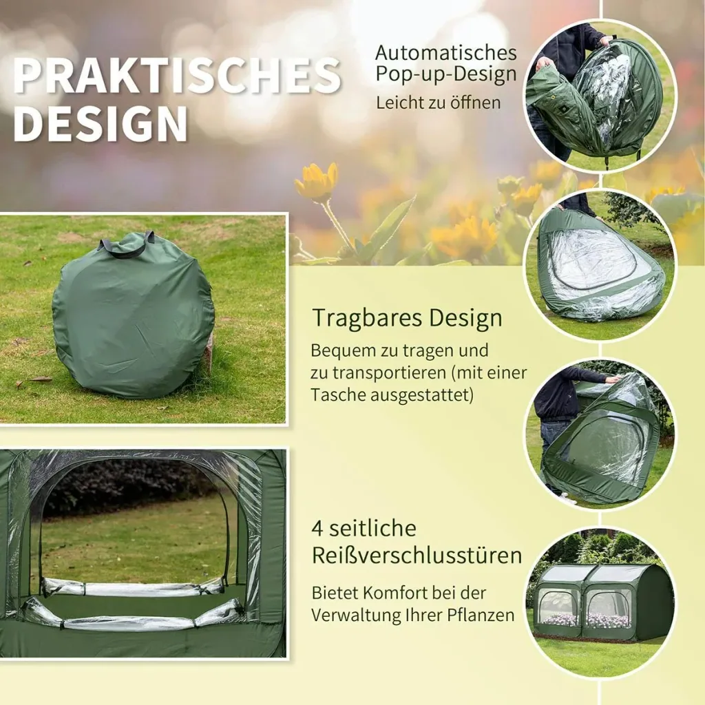 Pop-Up Gewächshaus mit 4 Reißverschlusstüren Treibhaus Tomatenhaus Frühbeet Stahl PVC Transparent 250 x 125 x 135 cm