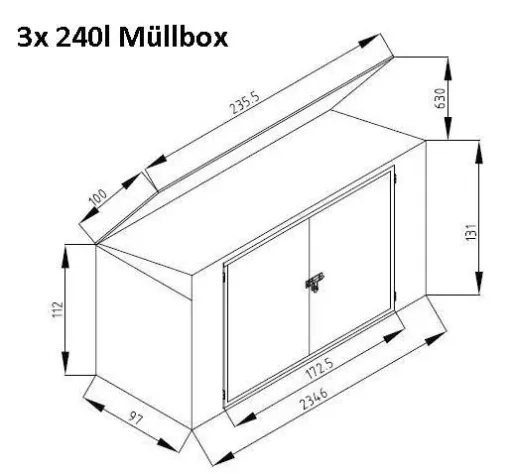 Mülltonnenbox 73, 235,5×100×131 cm, Dunkelgrau – Stahl für 3x 240 L mit Pultdach