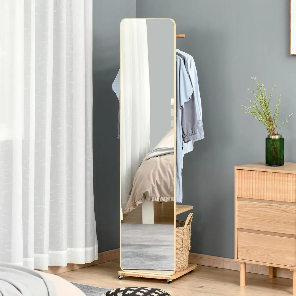 Standspiegel Ganzkörperspiegel mit Kleiderablage Schminkspiegel mit rollenden Rädern Anti-Kipp-Gurt für Wohnzimmer