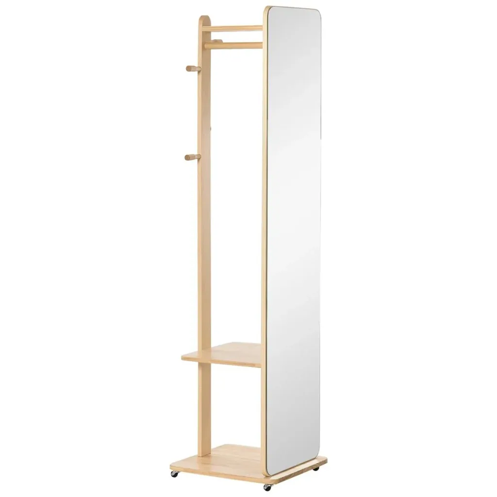 Standspiegel Ganzkörperspiegel mit Kleiderablage Schminkspiegel mit rollenden Rädern Anti-Kipp-Gurt für Wohnzimmer
