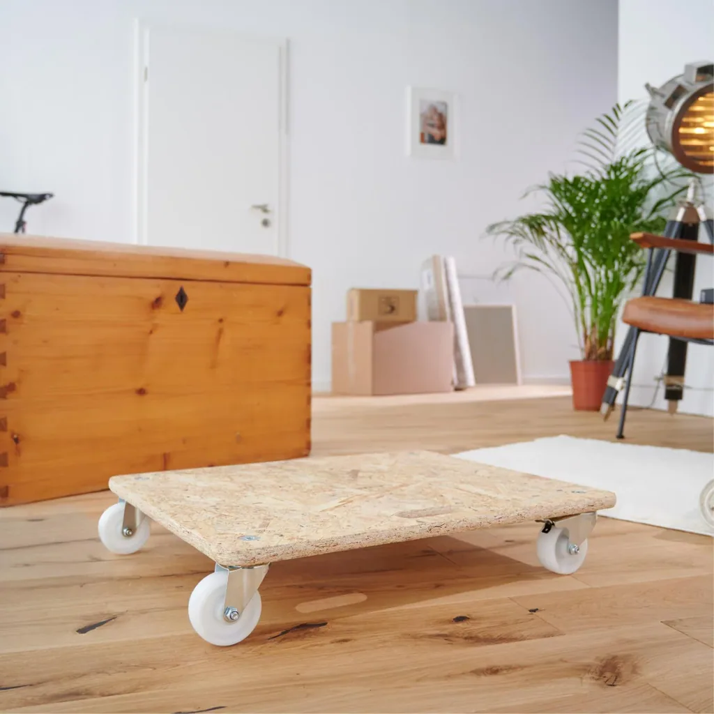 Transporthilfe MM 1172, 59 x 49 x 11 cm, harte Rollen Ø 75 mm, Rollenlager, OSB Platte, CO2-neutral, Tragkraft 250 kg