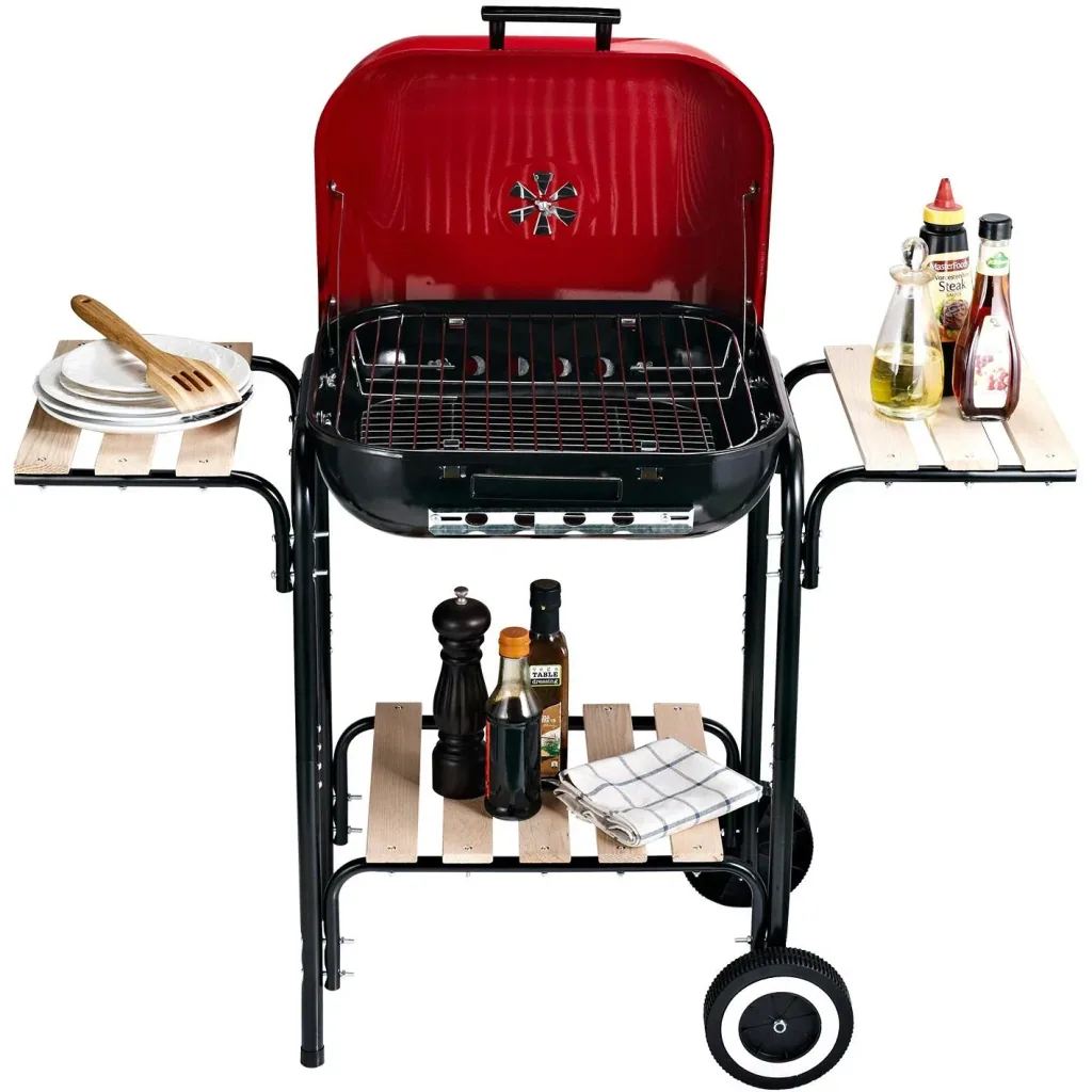 Kohlegrill Standgrill Grillwagen mit Windschutz 3 x Ablagefach Metall Rot 98 x 49 x 81 cm