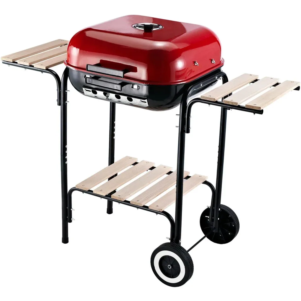 Kohlegrill Standgrill Grillwagen mit Windschutz 3 x Ablagefach Metall Rot 98 x 49 x 81 cm