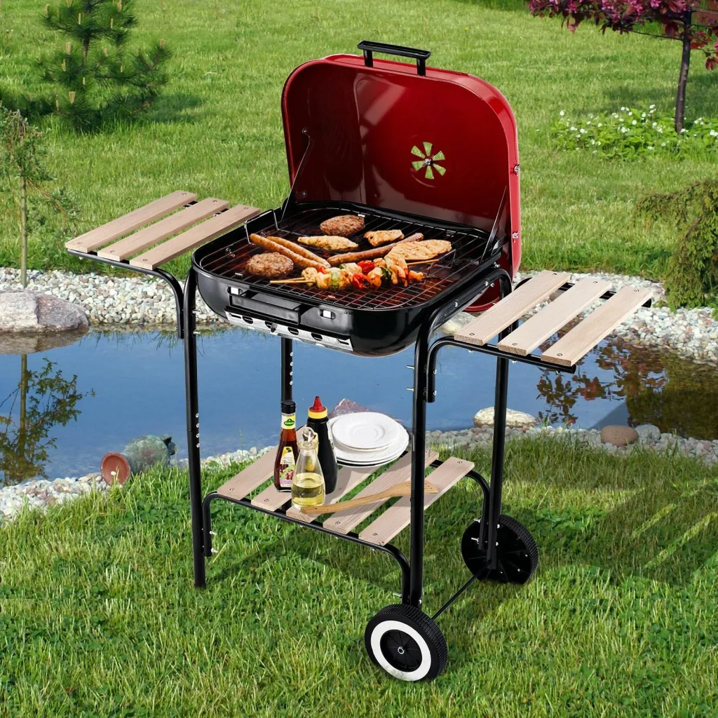 Kohlegrill Standgrill Grillwagen mit Windschutz 3 x Ablagefach Metall Rot 98 x 49 x 81 cm