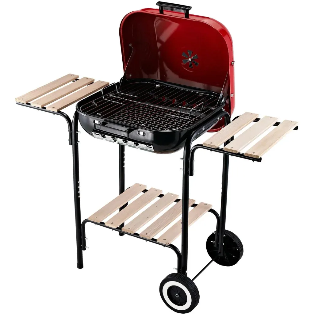 Kohlegrill Standgrill Grillwagen mit Windschutz 3 x Ablagefach Metall Rot 98 x 49 x 81 cm