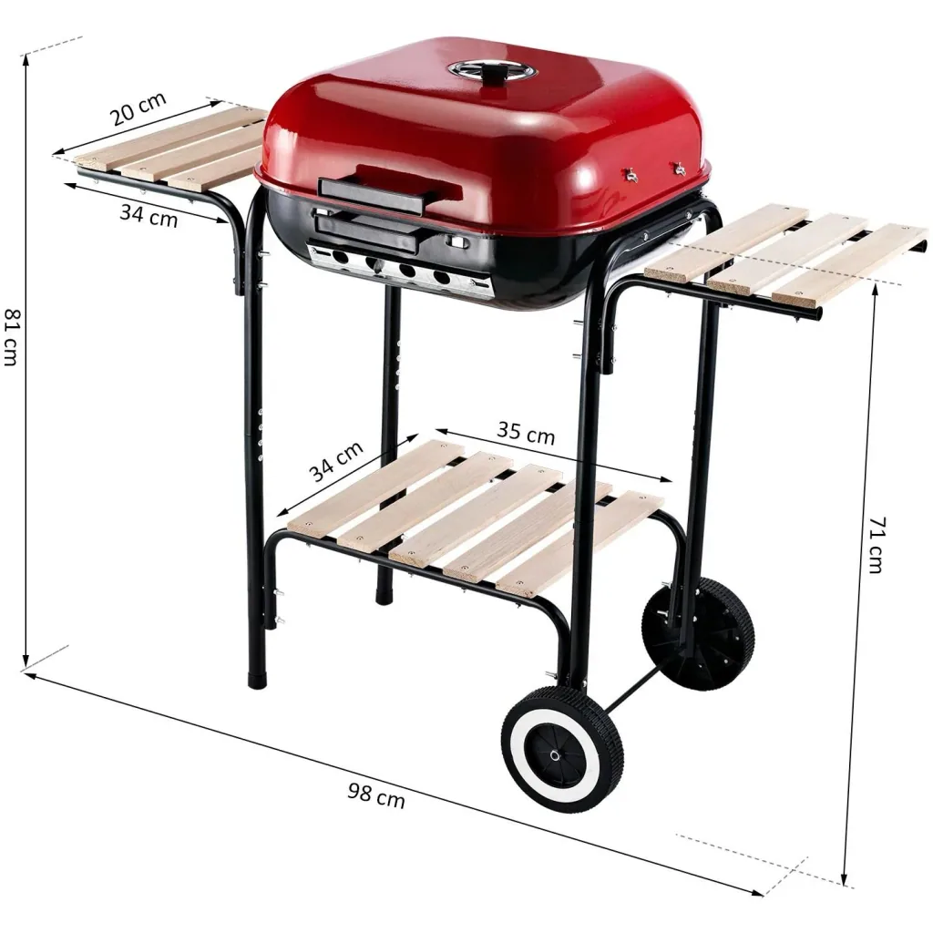 Kohlegrill Standgrill Grillwagen mit Windschutz 3 x Ablagefach Metall Rot 98 x 49 x 81 cm