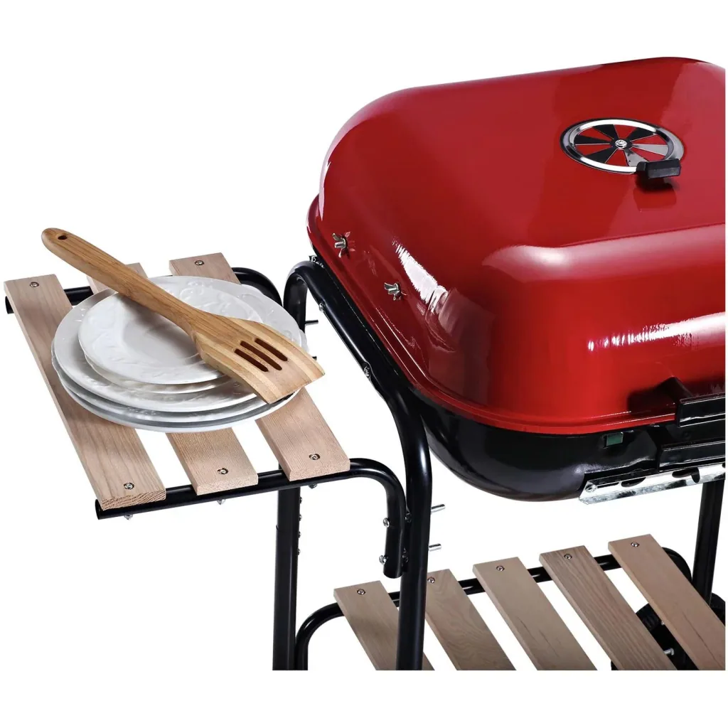 Kohlegrill Standgrill Grillwagen mit Windschutz 3 x Ablagefach Metall Rot 98 x 49 x 81 cm