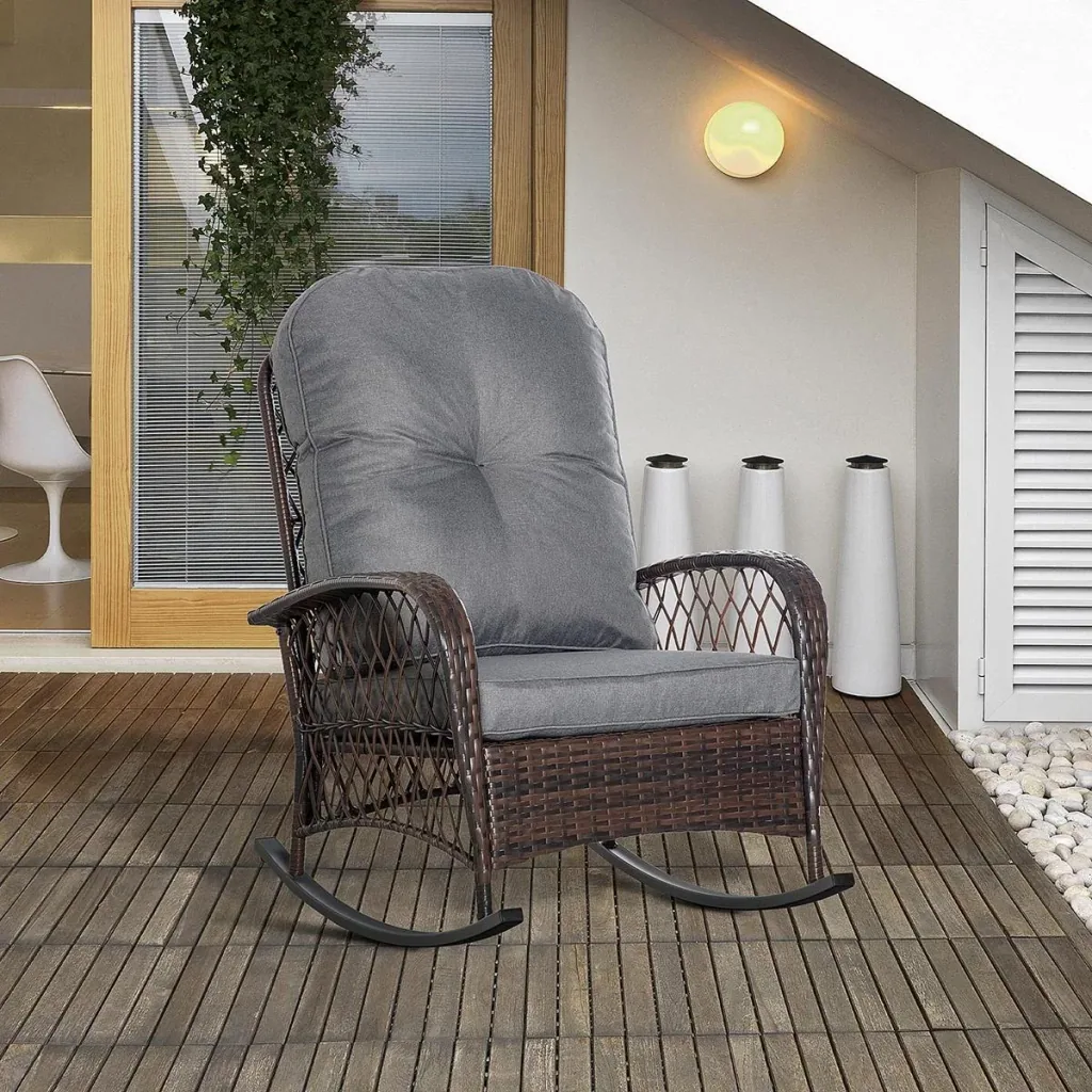 Schaukelstuhl gepolstert mit Knopfheftung PE Rattan Stahl Braun + Grau