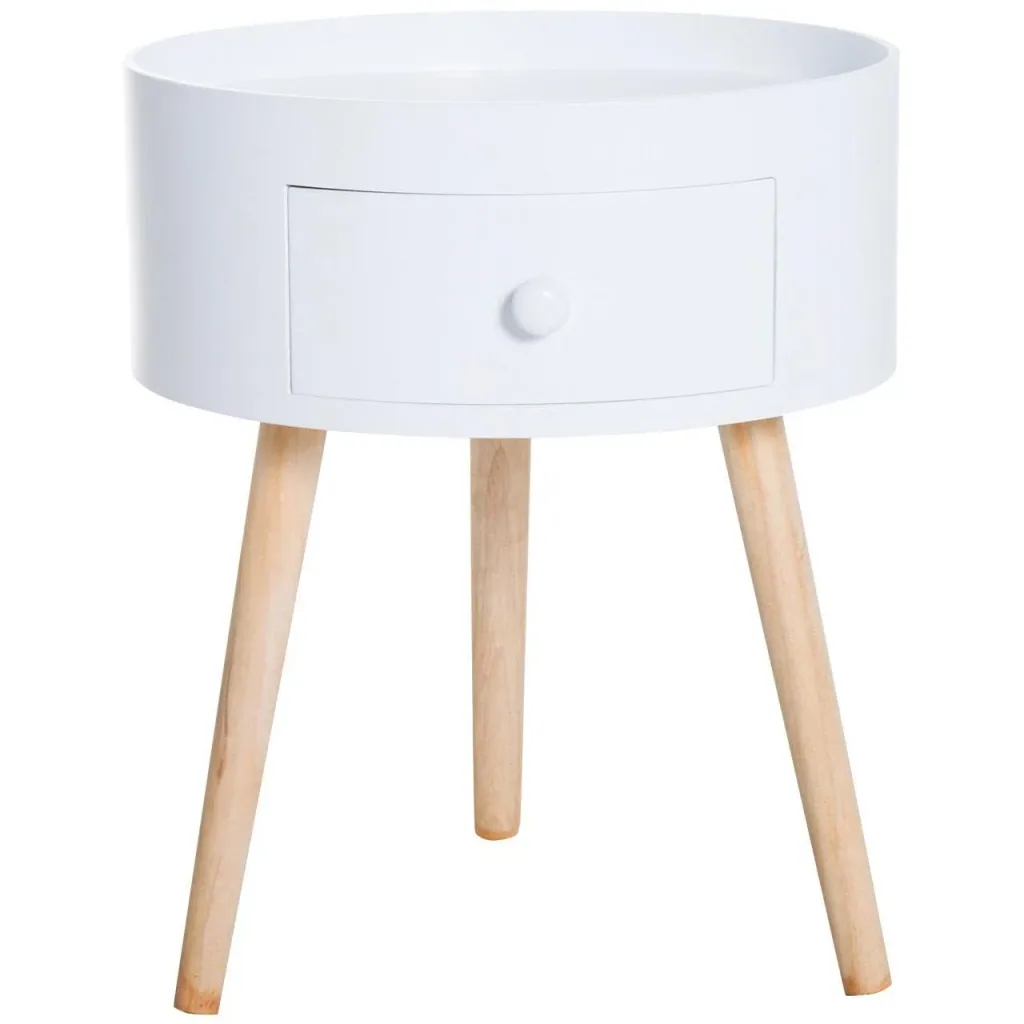 Couchtisch rund Beistelltisch mit Schublade Holz Weiß