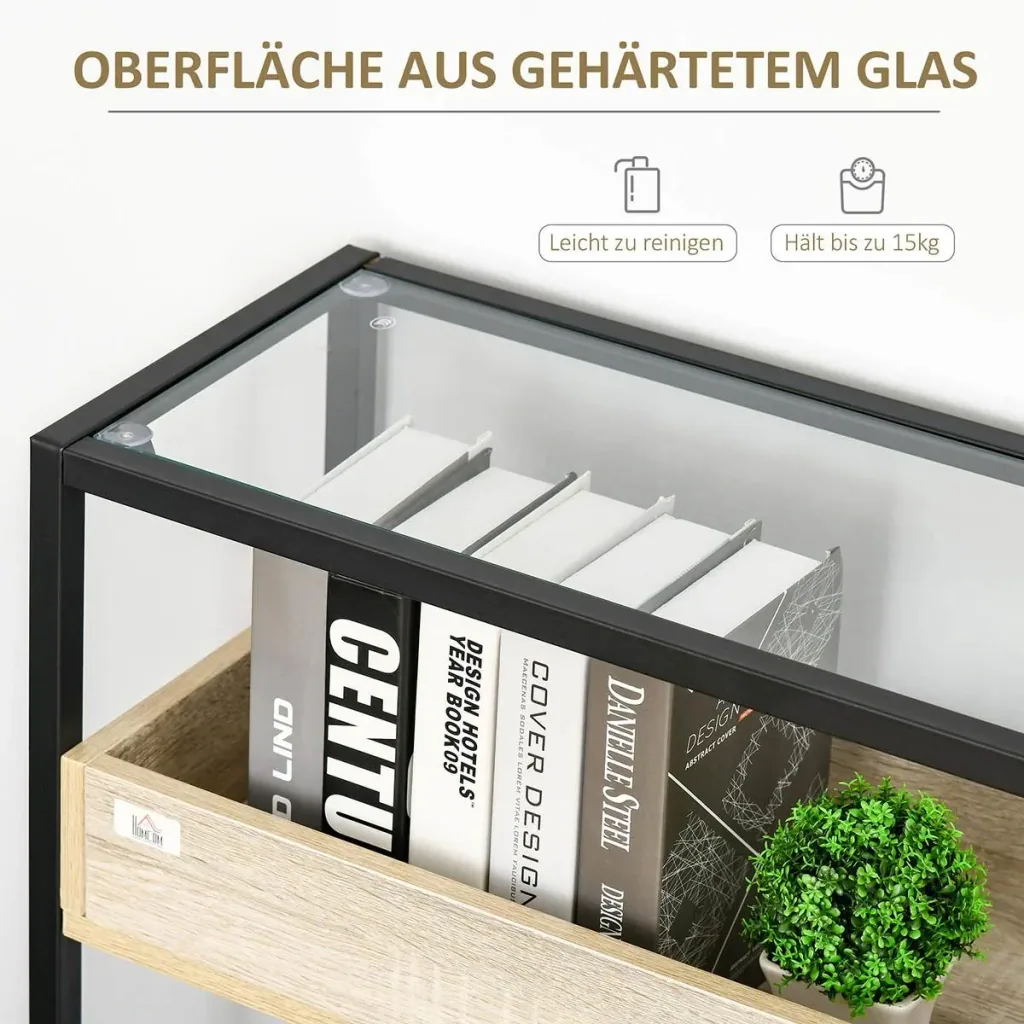Standregal Sideboard mit Glasoberfläche offenen Fächern Beistellschrank Bücherregal Küchenregal industrieller Stil für W