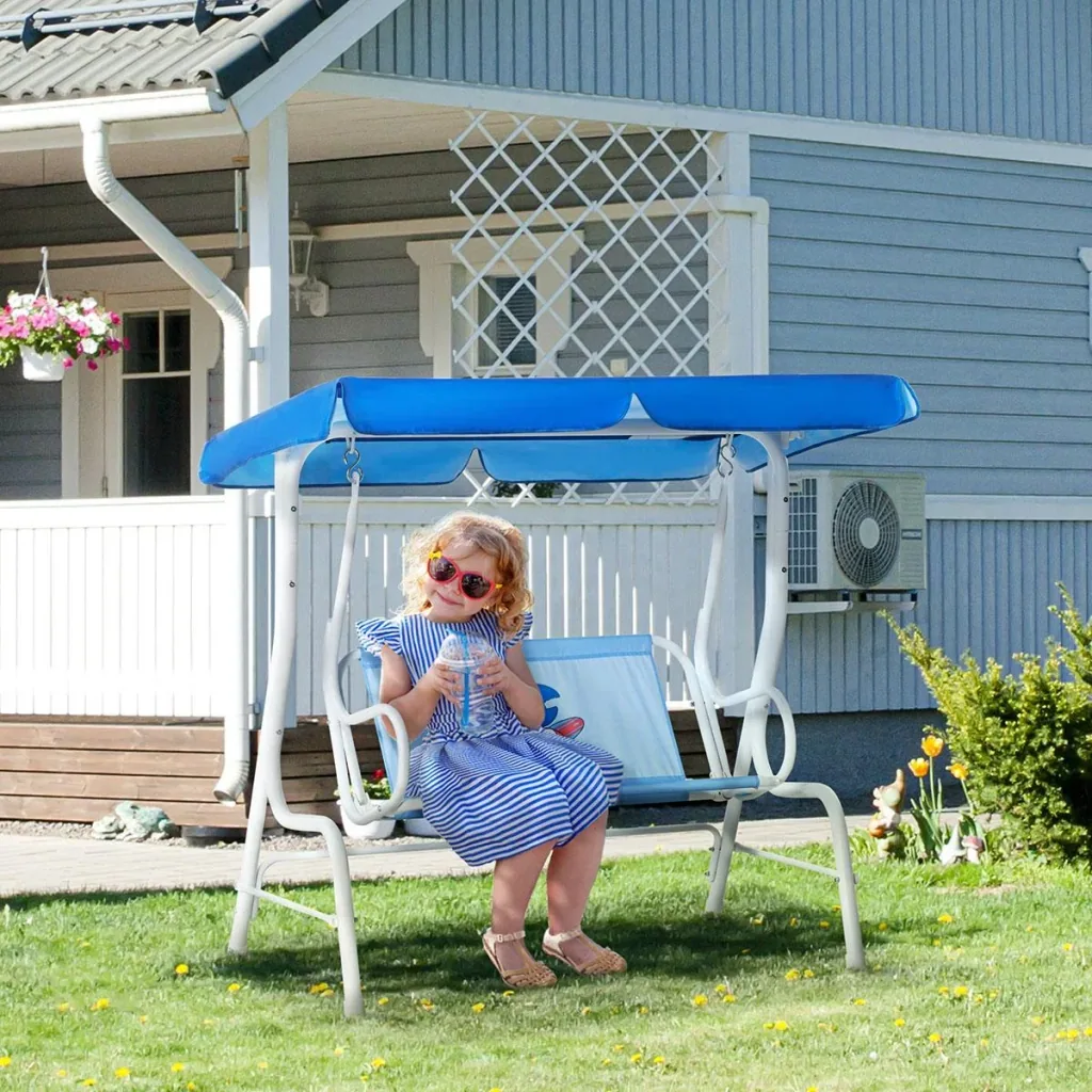 Kinderhängematte 2-Sitzer Kinderschaukel mit verstellbarem Sonnendach für 3-6 Jahre Kinder Metall blau 110 x 74 x 113 cm