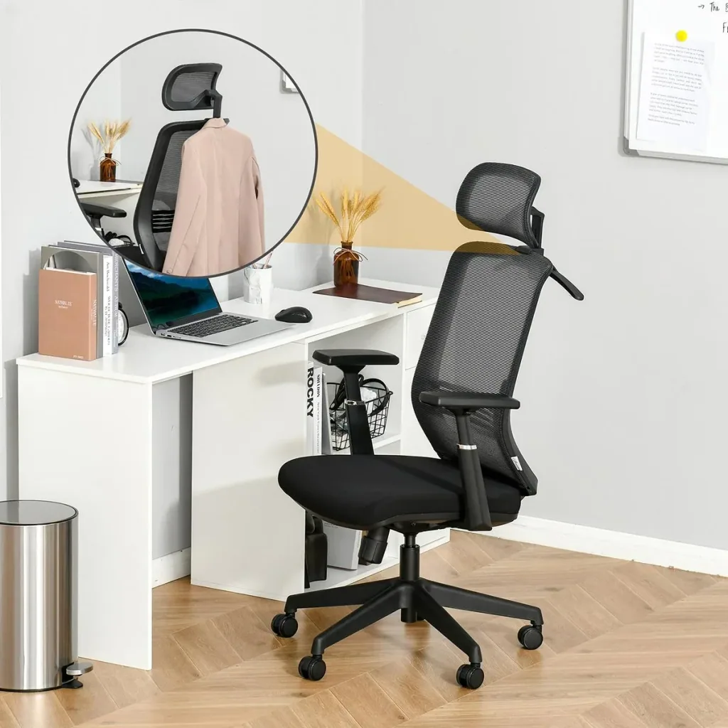 Bürostuhl Schreibtischstuhl Arbeitstuhl mit Kopfstütze Kleiderbügel höhenverstellbarer Drehstuhl Nylon Mesh Schwarz 66 x