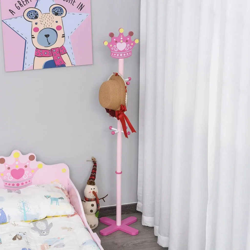Kindergarderobe aus Holz Kleiderständer mit Prinzessinnen-Motiv Garderobenständer mit 8 Haken, Kinderzimmer Standgardero