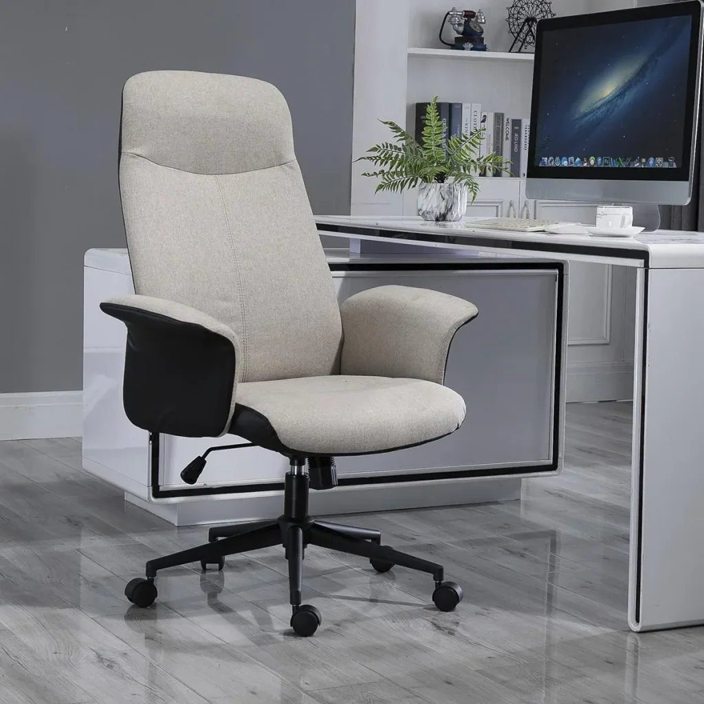 Bürostuhl Ergonomischer Drehstuhl mit Wippenfunktion Armlehne höhenverstellbar Kunstleder Beige 72 x 63 x 111-119 cm