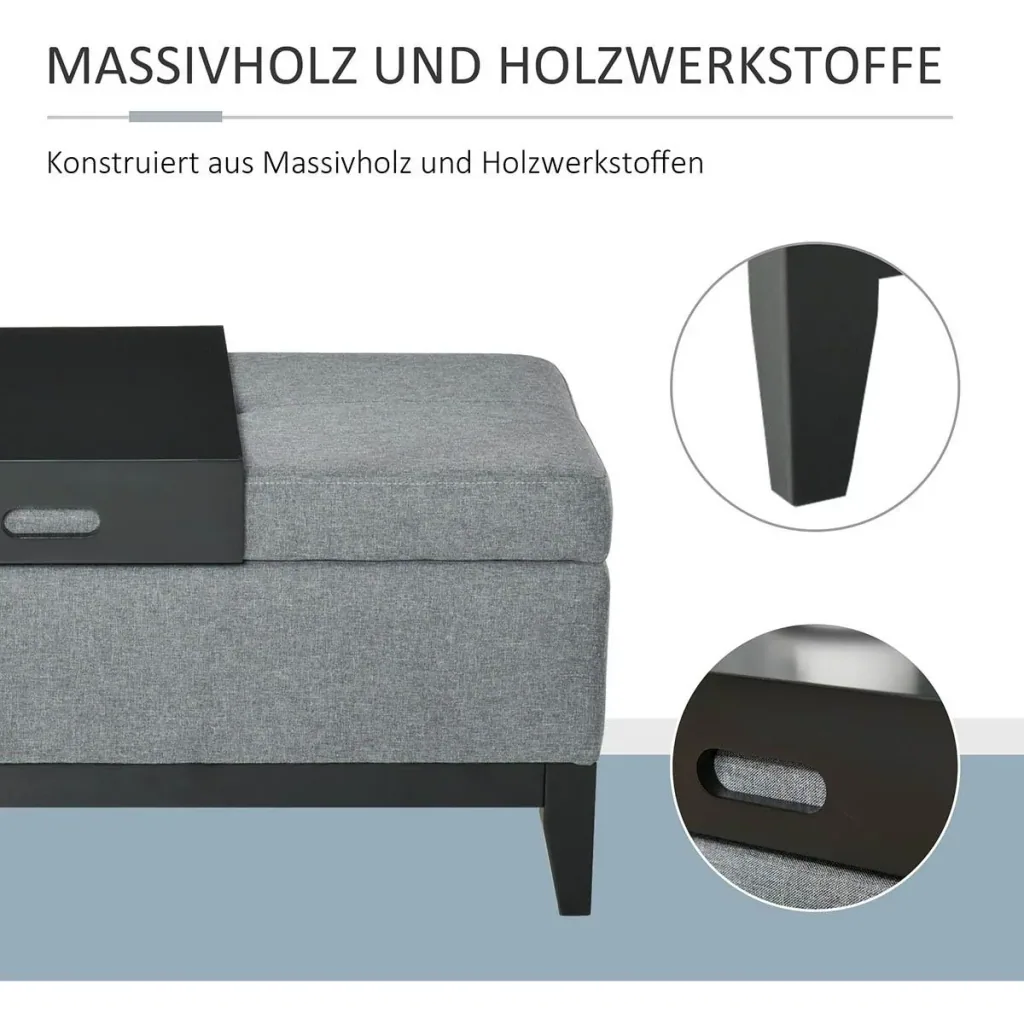 Sitzbank mit Stauraum Polsterbank Sitzhocker Sitztruhe belastbar bis 120 kg mit Tablett abnehmbar Polyester Schaumstoff