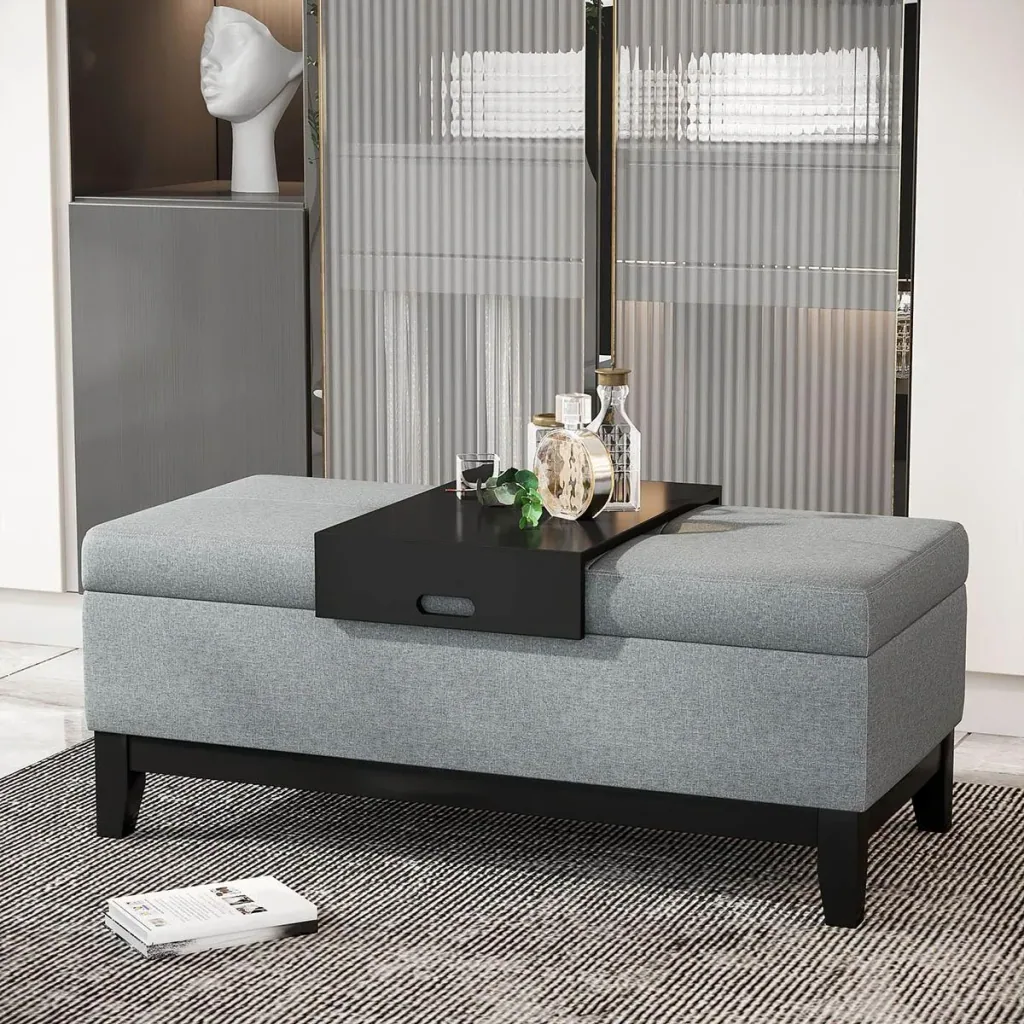 Sitzbank mit Stauraum Polsterbank Sitzhocker Sitztruhe belastbar bis 120 kg mit Tablett abnehmbar Polyester Schaumstoff