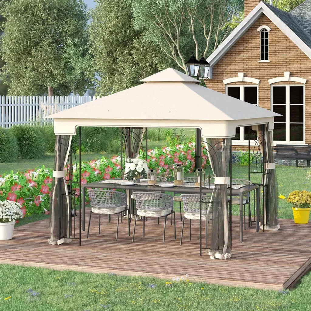 Gartenpavillon mit Doppeldach und Eckbrettern, cremeweiß, 3 x 3 m