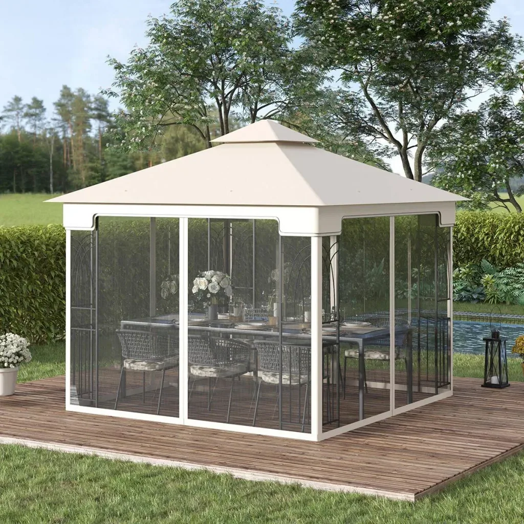 Gartenpavillon mit Doppeldach und Eckbrettern, cremeweiß, 3 x 3 m