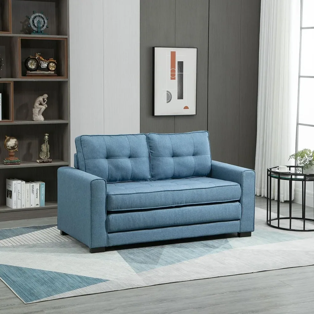 Ausziehbares Zweisitzer-Bettsofa, Massivholz, Leinenoptik, blau, 147,5 x 75 x 85 cm