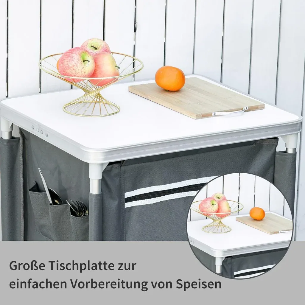 2in1Campingtisch mit Arbeitsplatte und Fächern grau