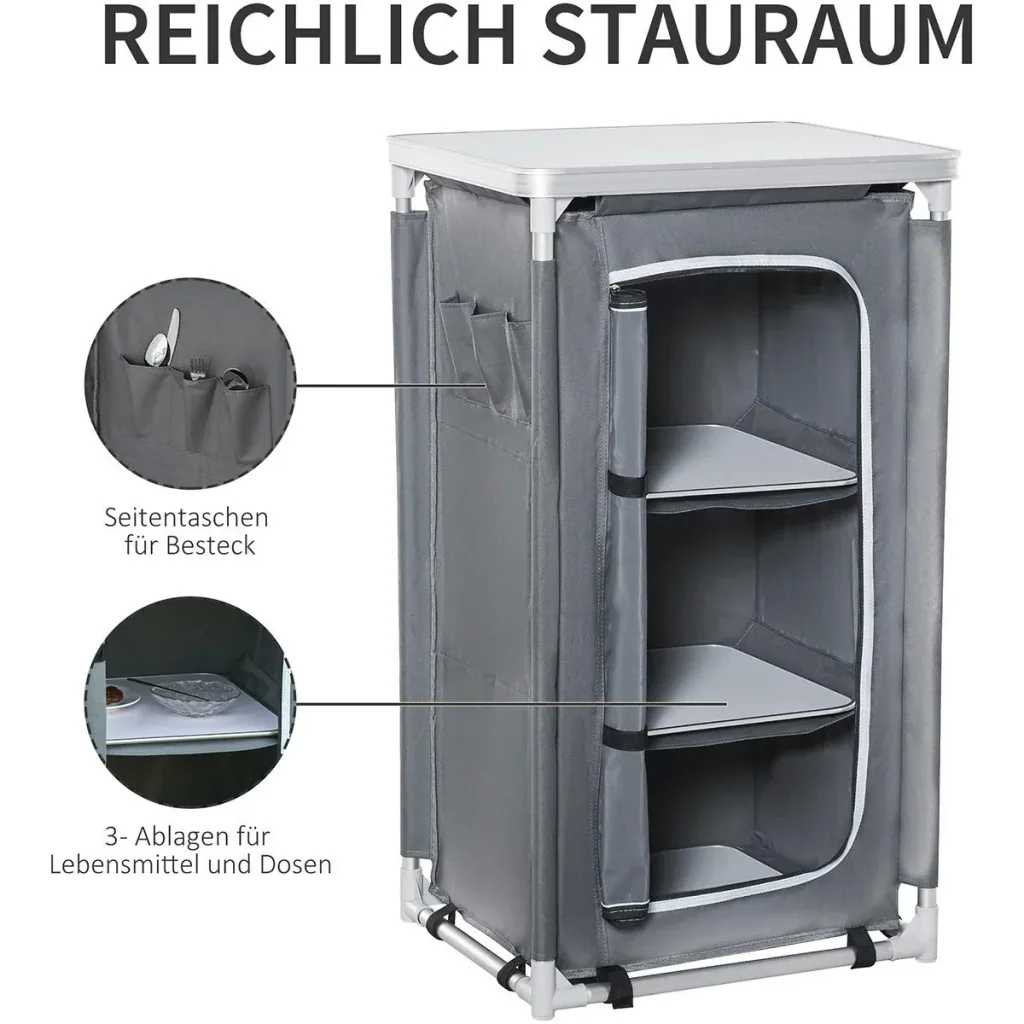 2in1Campingtisch mit Arbeitsplatte und Fächern grau