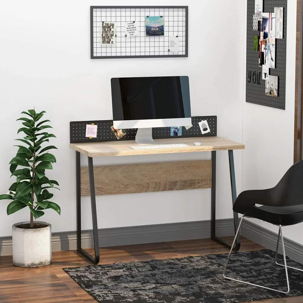 Schreibtisch Bürotisch Computertisch mit Stecktafel Kabelmanagement-Loch für Zettel Pendant Spanplatte Metall Naturholz+