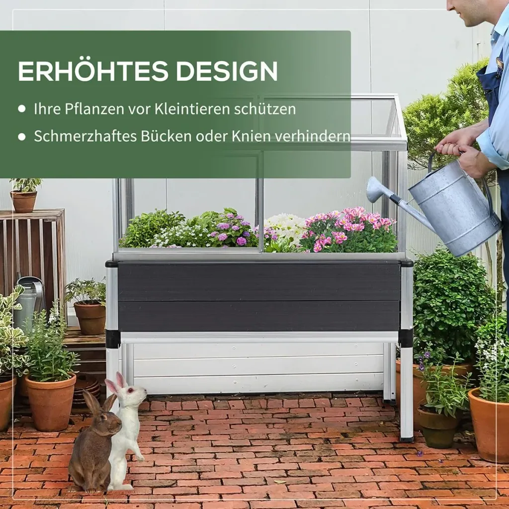 Hochbeet mit Frühbeet Aufsatz aus Aluminium für Garten Terrasse Balkon Kräuterbeet Pflanzkasten Grau 113,5 x 61 x 128,5