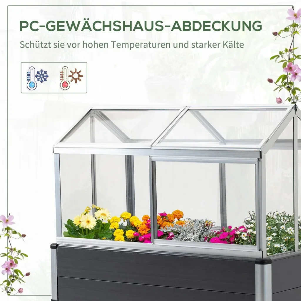 Hochbeet mit Frühbeet Aufsatz aus Aluminium für Garten Terrasse Balkon Kräuterbeet Pflanzkasten Grau 113,5 x 61 x 128,5