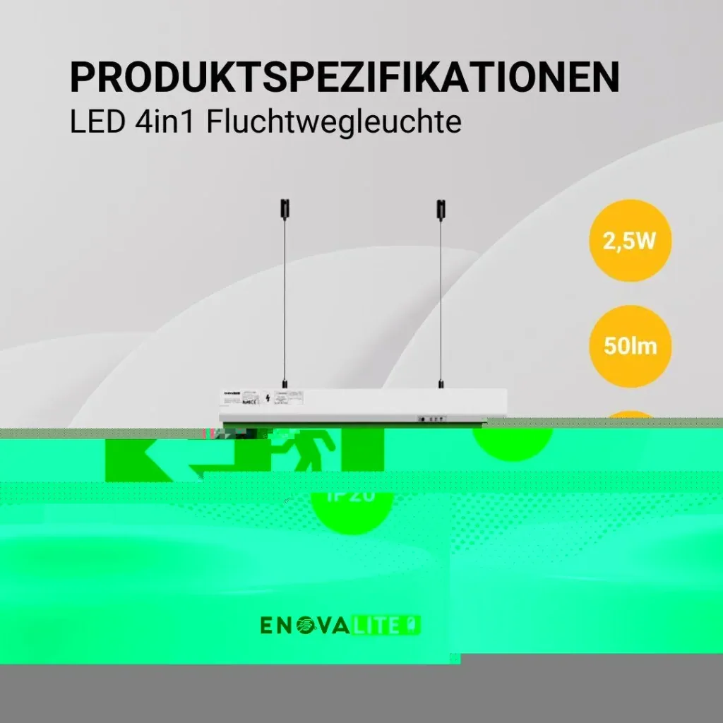 LED-Fluchtwegleuchte 4in1, Notausgang mit Notstromeinheit mit TEST-Funktion hat 4 Montagemöglichkeiten