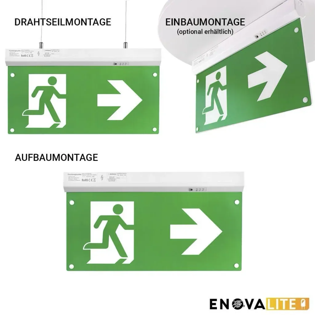 LED-Fluchtwegleuchte 4in1, Notausgang mit Notstromeinheit mit TEST-Funktion hat 4 Montagemöglichkeiten