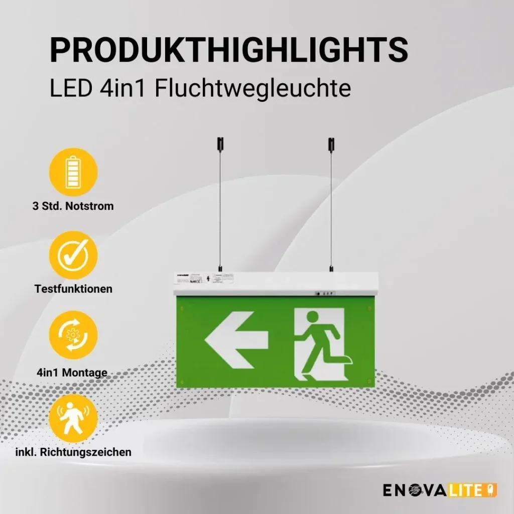 LED-Fluchtwegleuchte 4in1, Notausgang mit Notstromeinheit mit TEST-Funktion hat 4 Montagemöglichkeiten
