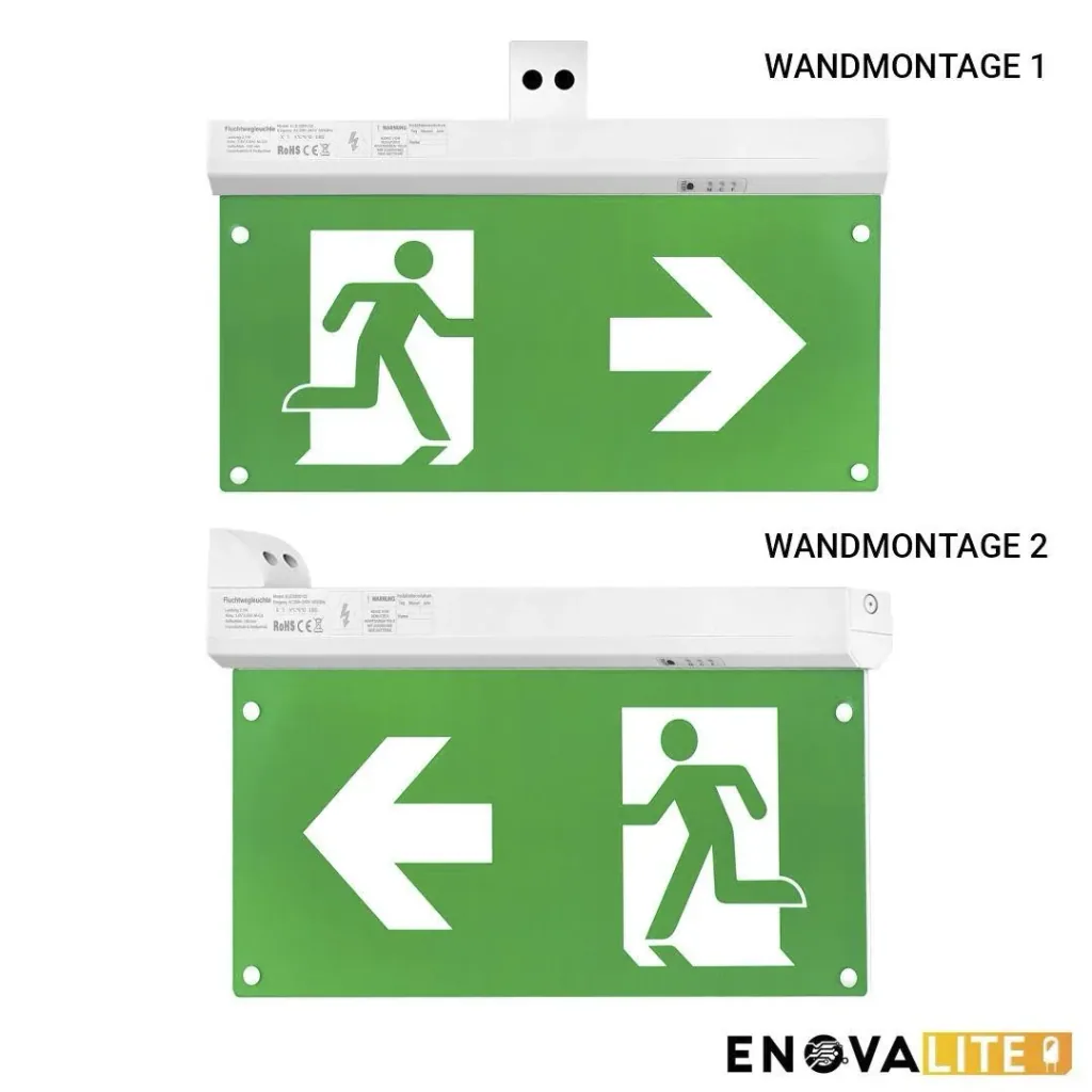 LED-Fluchtwegleuchte 4in1, Notausgang mit Notstromeinheit mit TEST-Funktion hat 4 Montagemöglichkeiten