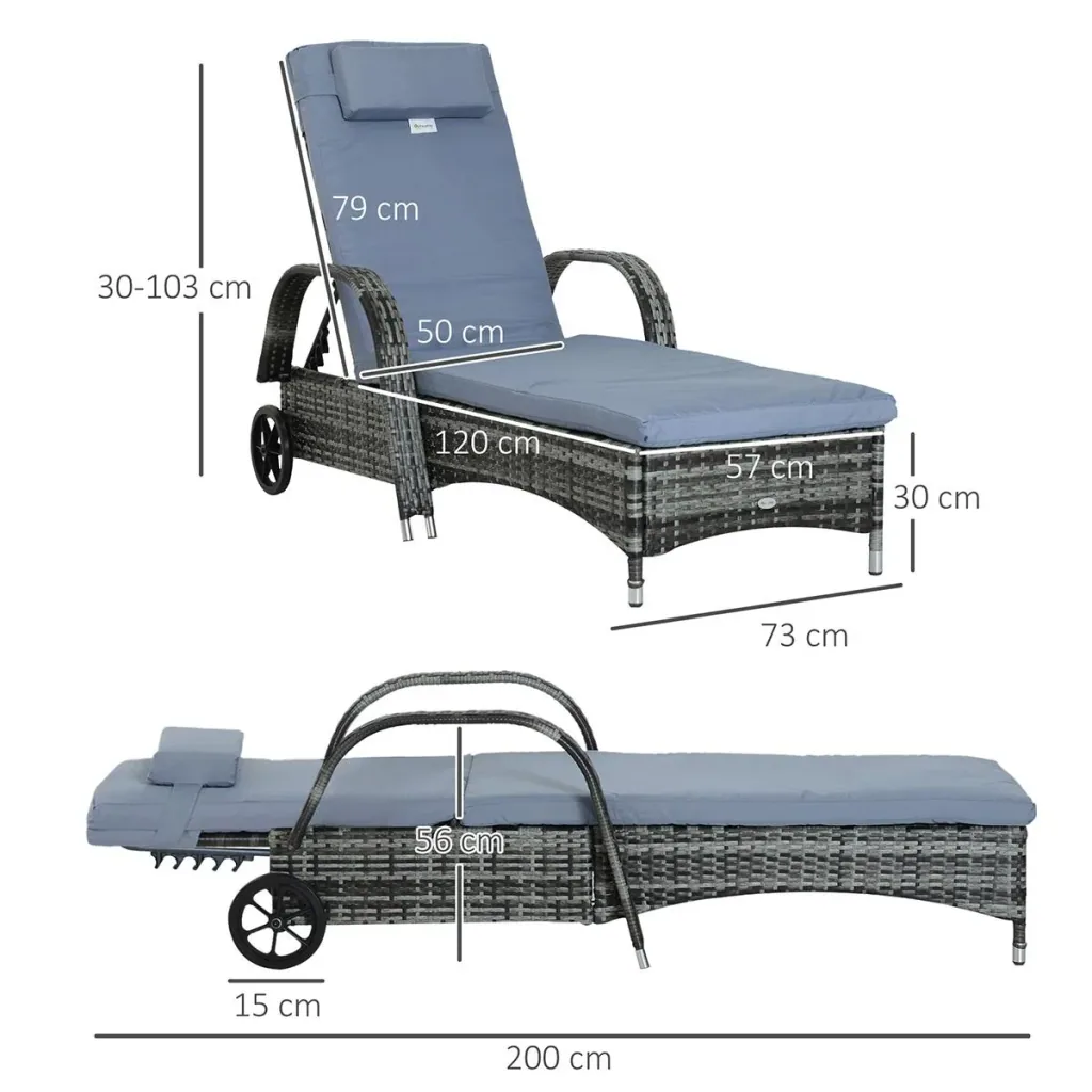 Gartenliege Sonnenliege Rattanliege Gartenmöbel Liege mobil mit Kissen, Polyrattan+Metall, Grau, 200x73x72-103cm